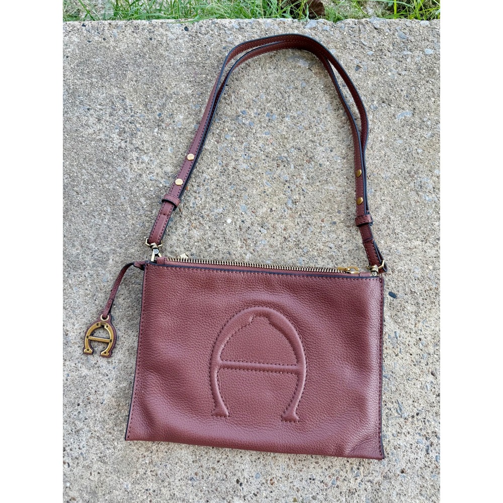 Etienne Aigner Brown Pebbled Leather Crossbody Bag Logo Charm
